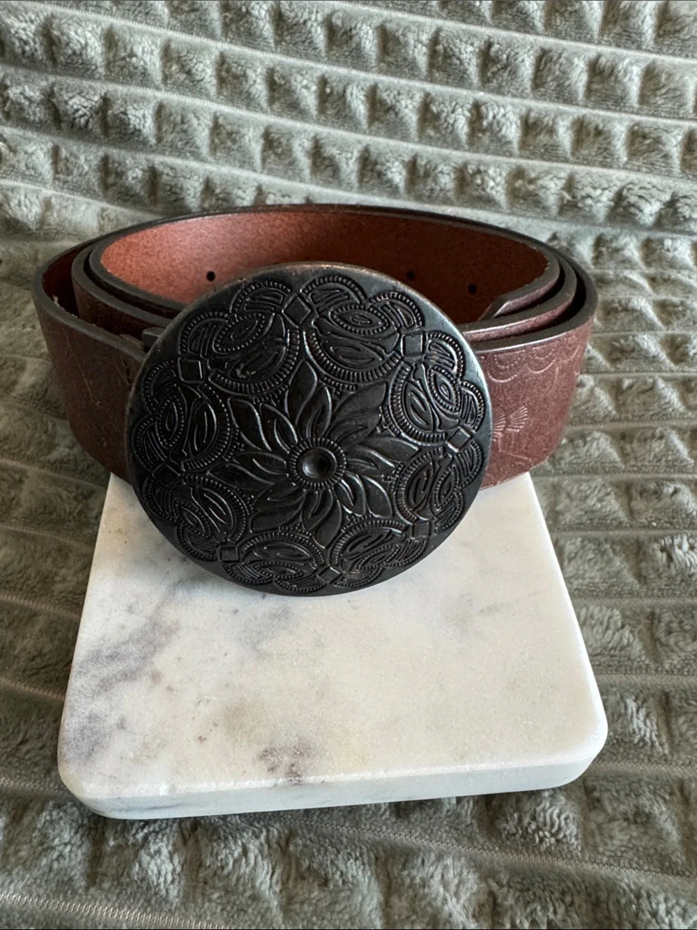 Banana Republic Brown Leather Belt with Decorative Black Floral Buckle
